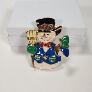 Vintage 90's Enamel SFJ Signed Waving Snowman Brooch